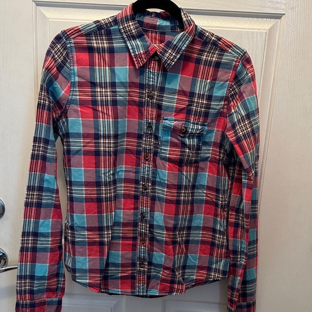 Hollister Red and Blue Plaid Casual Shirt Size M